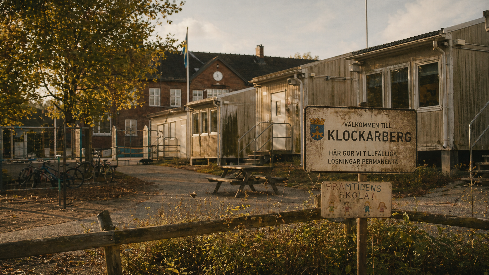 Fotorealistisk landsbygdsbild av skolbaracker med satirisk skylt om tillfälliga lösningar.